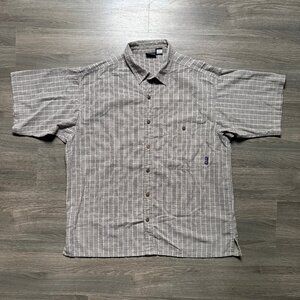 *Vintage Patagonia Men's Seersucker Short Sleeve Shirt - Brown/Grey